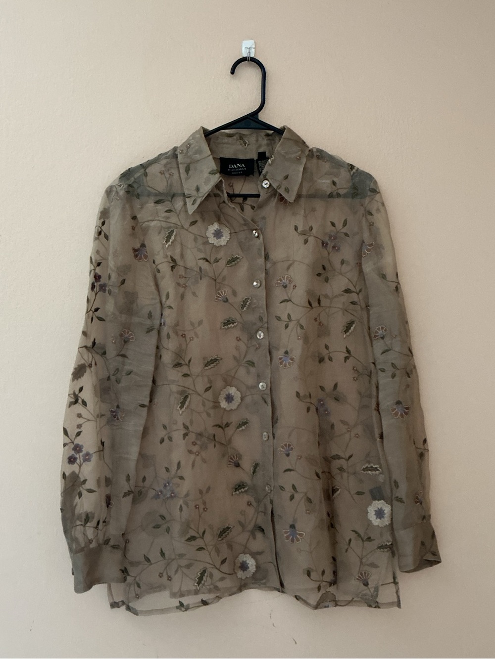 Dana Buchman Taupe 100% Silk Sheer Floral Embroidered Button-Down Blouse